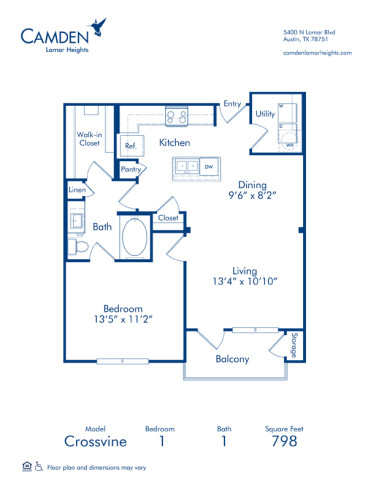 Blueprint of Crossvine Floor Plan, 1 Bedroom and 1 Bathroom at Camden Lamar Heights Apartments in Austin, TX