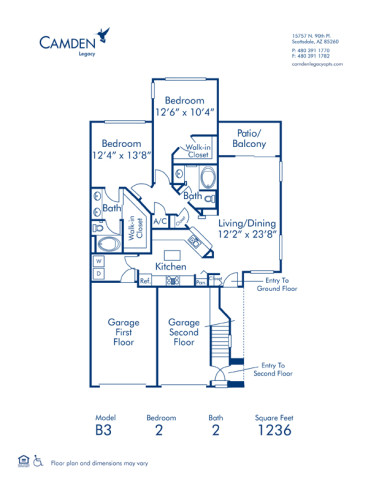 Blueprint of B3 Floor Plan, Apartment Home with 2 Bedrooms and 2 Bathrooms at Camden Legacy in Scottsdale, AZ