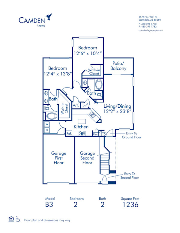 Blueprint of B3 Floor Plan, Apartment Home with 2 Bedrooms and 2 Bathrooms at Camden Legacy in Scottsdale, AZ