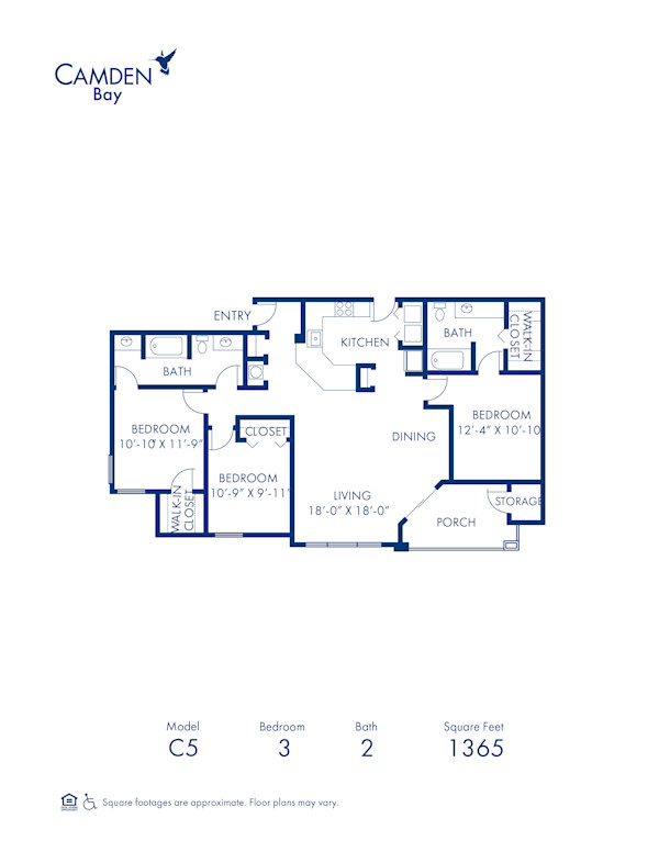 Blueprint of Sandpiper (Balcony) Floor Plan, 3 Bedrooms and 2 Bathrooms at Camden Bay Apartments in Tampa, FL
