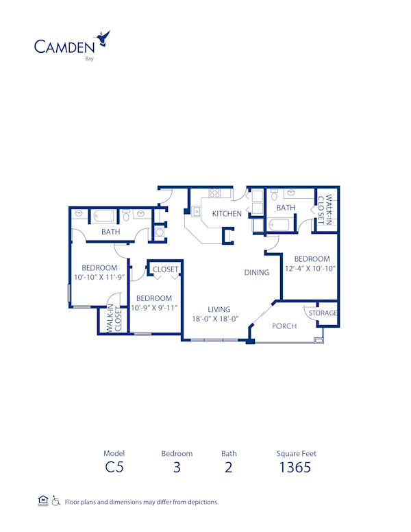 Blueprint of Sandpiper (Balcony) Floor Plan, 3 Bedrooms and 2 Bathrooms at Camden Bay Apartments in Tampa, FL
