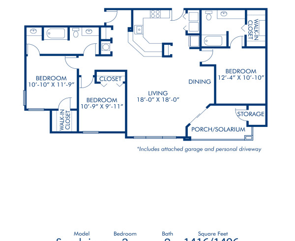 Blueprint of Sandpiper (Balcony) Floor Plan, 3 Bedrooms and 2 Bathrooms at Camden Bay Apartments in Tampa, FL