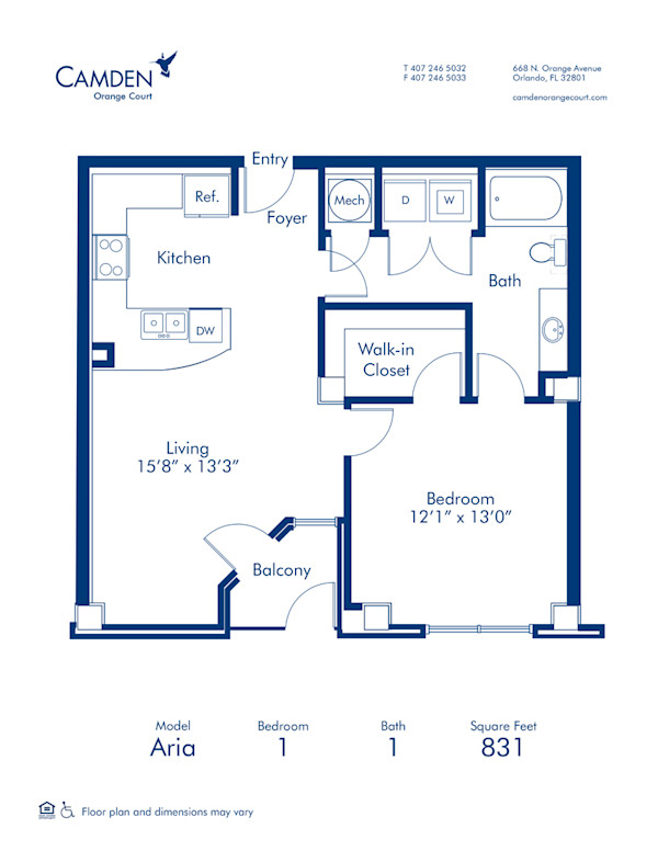 Blueprint of Aria Floor Plan, 1 Bedroom and 1 Bathroom at Camden Orange Court Apartments in Orlando, FL