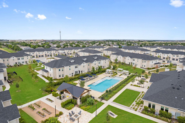 Aerial view of pool and community at Camden Leander apartments in Leander, Tx