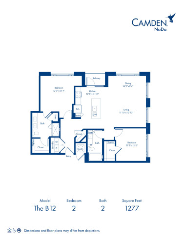 The B12 floor plan, 2 bed, 2 bath at Camden NoDa Apartments in Charlotte, NC