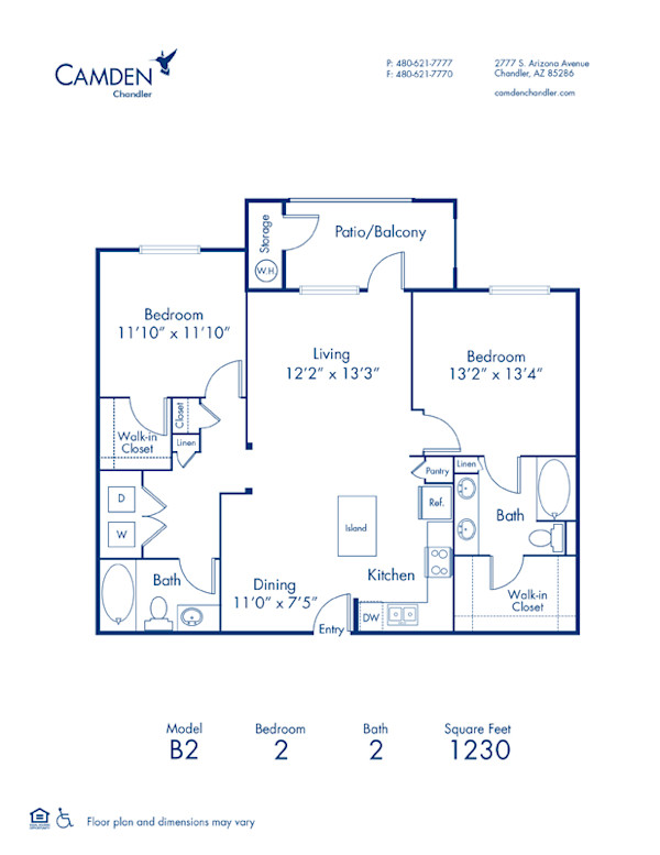 Blueprint of B2 Floor Plan, 2 Bedrooms and 2 Bathrooms at Camden Chandler Apartments in Chandler, AZ