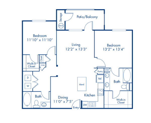 Blueprint of B2 Floor Plan, 2 Bedrooms and 2 Bathrooms at Camden Chandler Apartments in Chandler, AZ