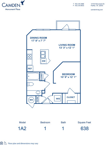 Blueprint of 1A2 Floor Plan, Studio with 1 Bathroom at Camden Monument Place Apartments in Fairfax, VA