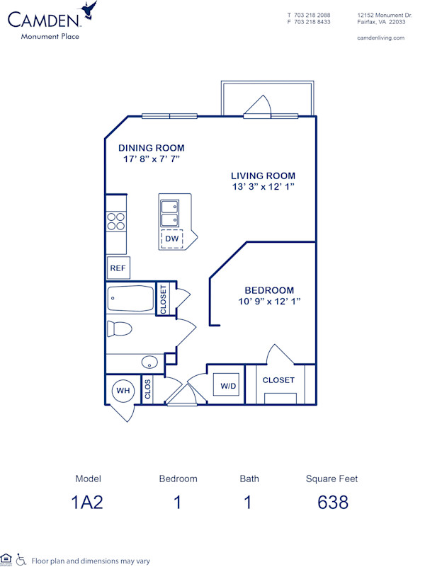 Blueprint of 1A2 Floor Plan, Studio with 1 Bathroom at Camden Monument Place Apartments in Fairfax, VA