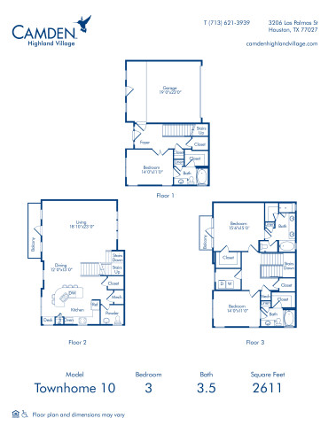 Camden Highland Village apartments in Houston, TX three bedroom townhome 10 blueprint