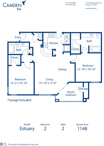 Blueprint of Estuary (Attached Garage & Solarium) Floor Plan, 2 Bedrooms and 2 Bathrooms at Camden Bay Apartments in Tampa, FL