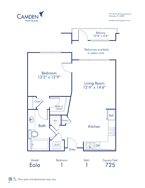 Camden North Quarter Apartments Downtown Orlando one bedroom floor plan Eola