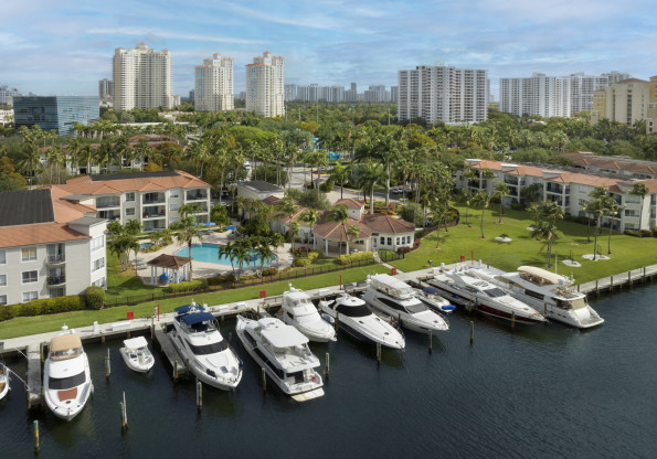 Boat yacht marina on the intercoastal at Camden Aventura apartments in Aventura, Florida.