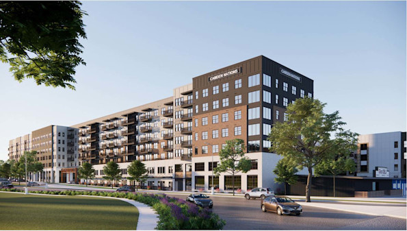Rendering of building exterior along Centennial Blvd. at Camden Nations apartments in Nashville, TN