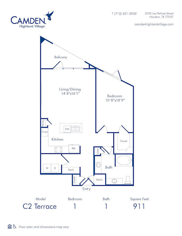 Camden Highland Village apartments in Houston, TX 1 bedroom 1 bath C2 Terrace floor plan