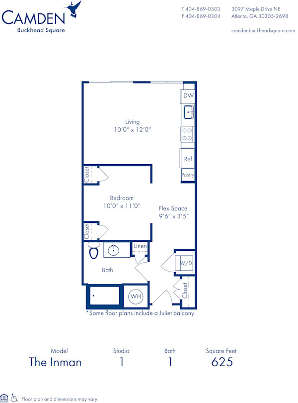 Blueprint of Inman II Floor Plan, Studio with 1 Bathroom at Camden Buckhead Square Apartments in Atlanta, GA