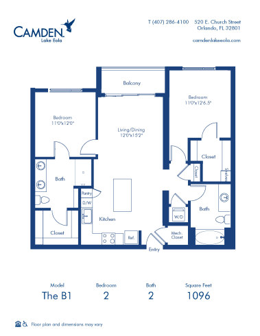 Camden Lake Eola apartments in Downtown Orlando, FL, two bedroom, two bathroom floor plan B1