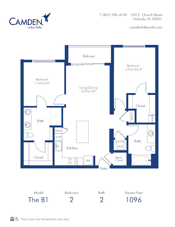 Camden Lake Eola apartments in Downtown Orlando, FL, two bedroom, two bathroom floor plan B1