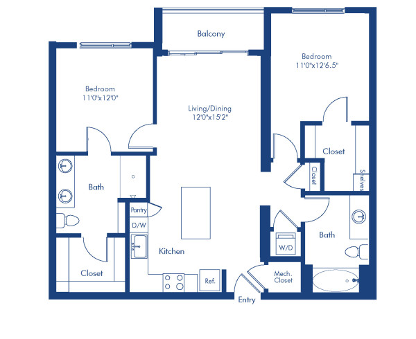 Camden Lake Eola apartments in Downtown Orlando, FL, two bedroom, two bathroom floor plan B1