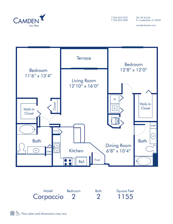 Blueprint of Carpaccio Floor Plan, 2 Bedrooms and 2 Bathrooms at Camden Las Olas Apartments in Fort Lauderdale, FL