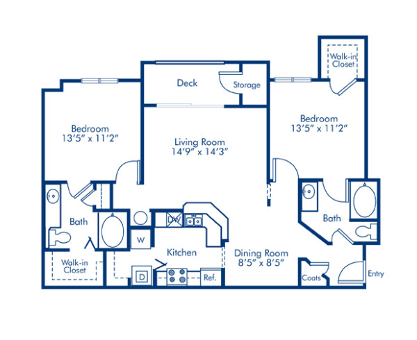 Blueprint of Chestnut Floor Plan, 2 Bedrooms and 2 Bathrooms at Camden Dunwoody Apartments in Dunwoody, GA