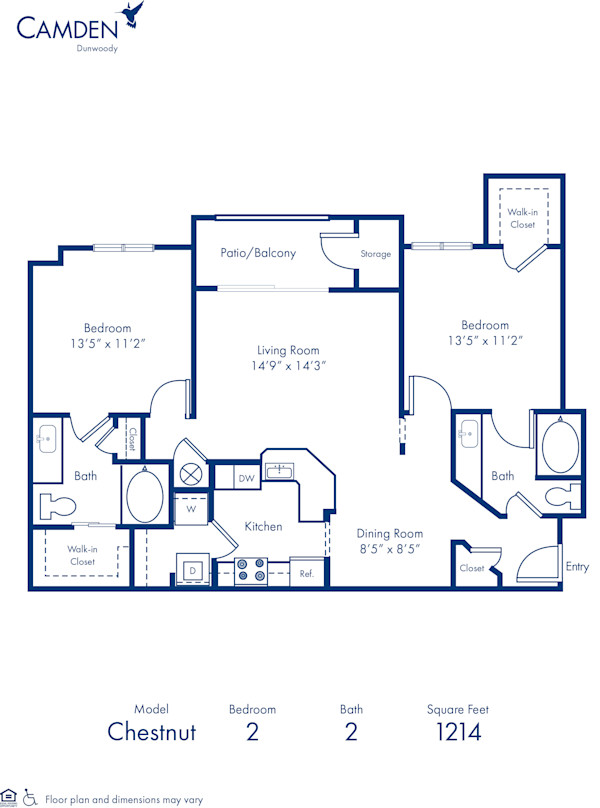Blueprint of Chestnut Floor Plan, 2 Bedrooms and 2 Bathrooms at Camden Dunwoody Apartments in Dunwoody, GA