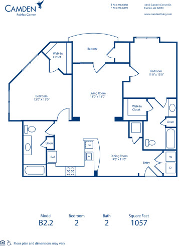 Blueprint of B2.2 Floor Plan, 2 Bedrooms and 2 Bathrooms at Camden Fairfax Corner Apartments in Fairfax, VA