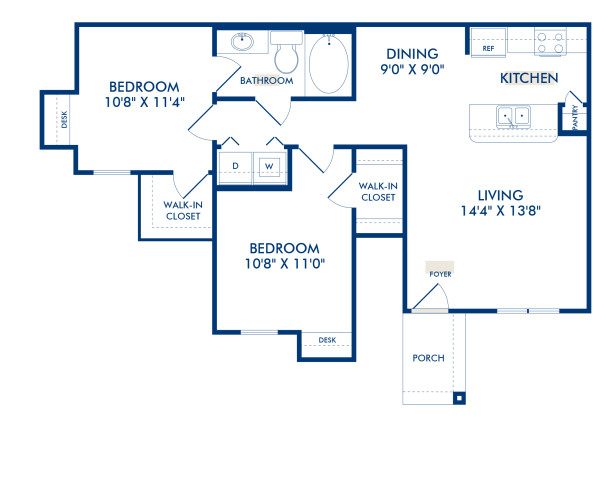 Blueprint of Haynes Floor Plan, 2 Bedrooms and 1 Bathroom at Camden Shadow Brook Apartments in Austin, TX