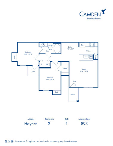 Blueprint of Haynes Floor Plan, 2 Bedrooms and 1 Bathroom at Camden Shadow Brook Apartments in Austin, TX