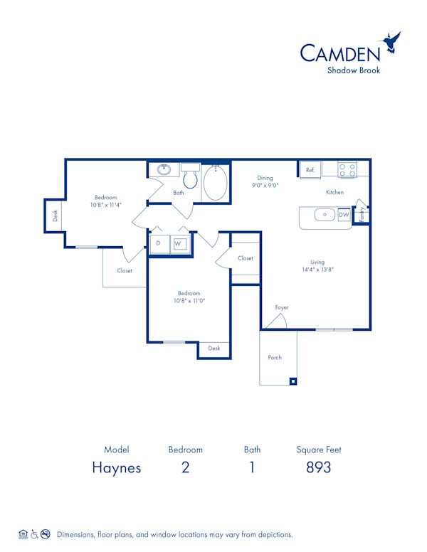 Blueprint of Haynes Floor Plan, 2 Bedrooms and 1 Bathroom at Camden Shadow Brook Apartments in Austin, TX