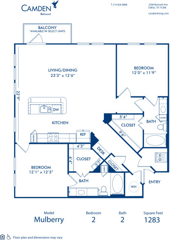 Blueprint of Mulberry 1 Floor Plan, 2 Bedrooms and 2 Bathrooms at Camden Belmont Apartments in Dallas, TX