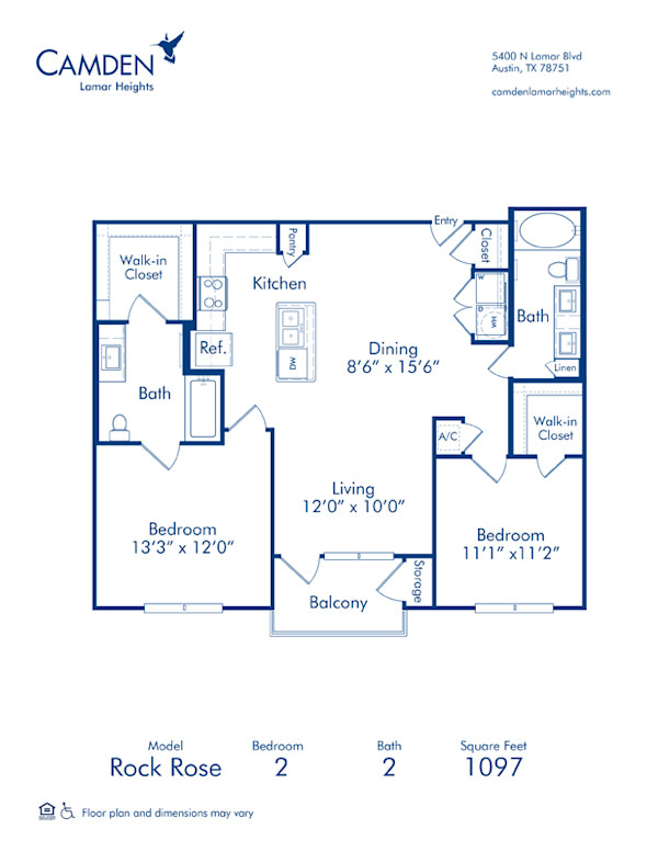 Blueprint of Rock Rose Floor Plan, 2 Bedrooms and 2 Bathrooms at Camden Lamar Heights Apartments in Austin, TX