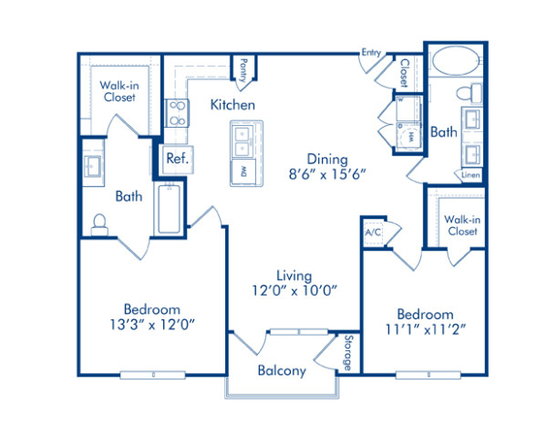 Blueprint of Rock Rose Floor Plan, 2 Bedrooms and 2 Bathrooms at Camden Lamar Heights Apartments in Austin, TX