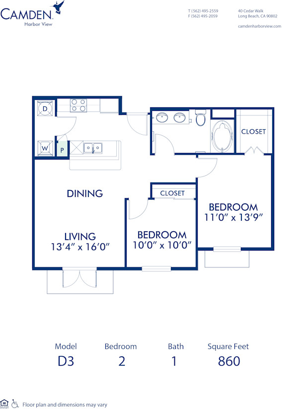 Blueprint of D3 Floor Plan, 1 Bedroom and 1 Bathroom at Camden Harbor View Apartments in Long Beach, CA