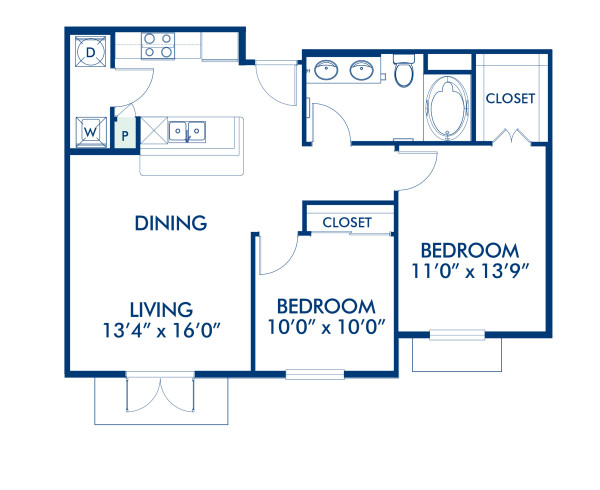 Blueprint of D3 Floor Plan, 1 Bedroom and 1 Bathroom at Camden Harbor View Apartments in Long Beach, CA