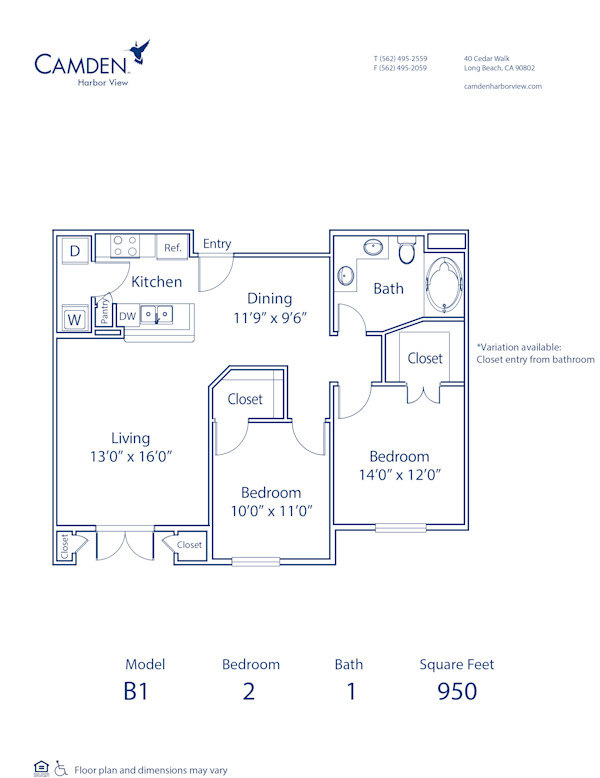 Blueprint of B1 Floor Plan, 2 Bedrooms and 1 Bathroom at Camden Harbor View Apartments in Long Beach, CA