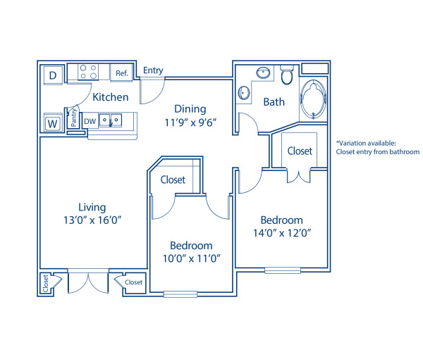 Blueprint of B1 Floor Plan, 2 Bedrooms and 1 Bathroom at Camden Harbor View Apartments in Long Beach, CA