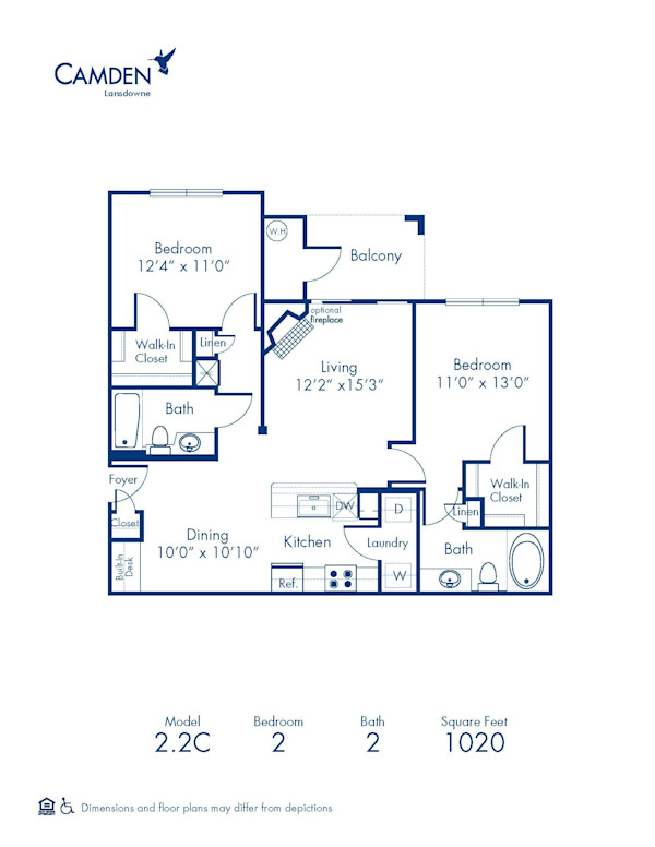 Blueprint of 2.2C Floor Plan, 2 Bedrooms and 2 Bathrooms at Camden Lansdowne Apartments in Lansdowne, VA