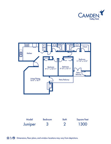 Blueprint of J Floor Plan, 3 Bedrooms and 2 Bathrooms at Camden Valley Park Apartments in Irving, TX