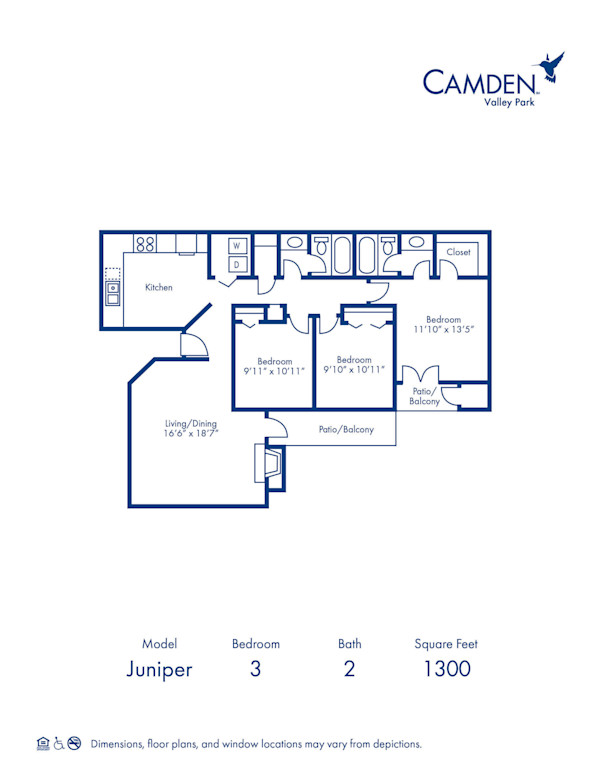 Blueprint of J Floor Plan, 3 Bedrooms and 2 Bathrooms at Camden Valley Park Apartments in Irving, TX