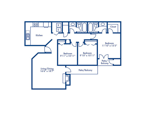 Blueprint of J Floor Plan, 3 Bedrooms and 2 Bathrooms at Camden Valley Park Apartments in Irving, TX