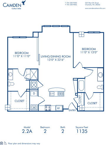 Blueprint of 2.2A Floor Plan, 2 Bedrooms and 2 Bathrooms at Camden Cotton Mills Apartments in Charlotte, NC