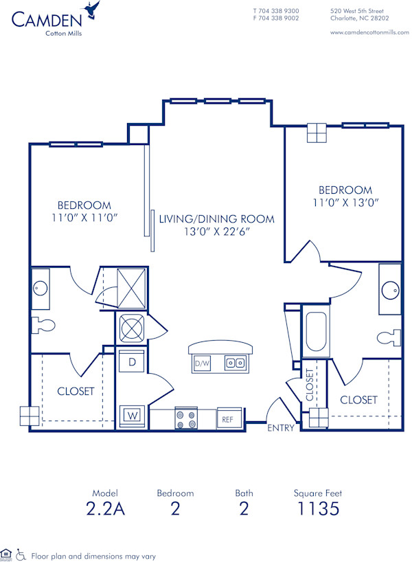 Blueprint of 2.2A Floor Plan, 2 Bedrooms and 2 Bathrooms at Camden Cotton Mills Apartments in Charlotte, NC