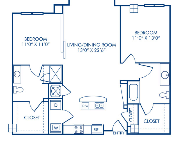 Blueprint of 2.2A Floor Plan, 2 Bedrooms and 2 Bathrooms at Camden Cotton Mills Apartments in Charlotte, NC