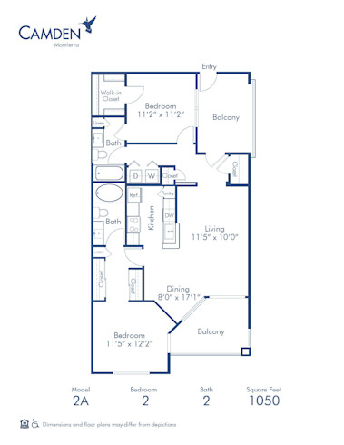 Blueprint of 2A Floor Plan, 2 Bedrooms and 2 Bathrooms at Camden Montierra Apartments in Scottsdale, AZ
