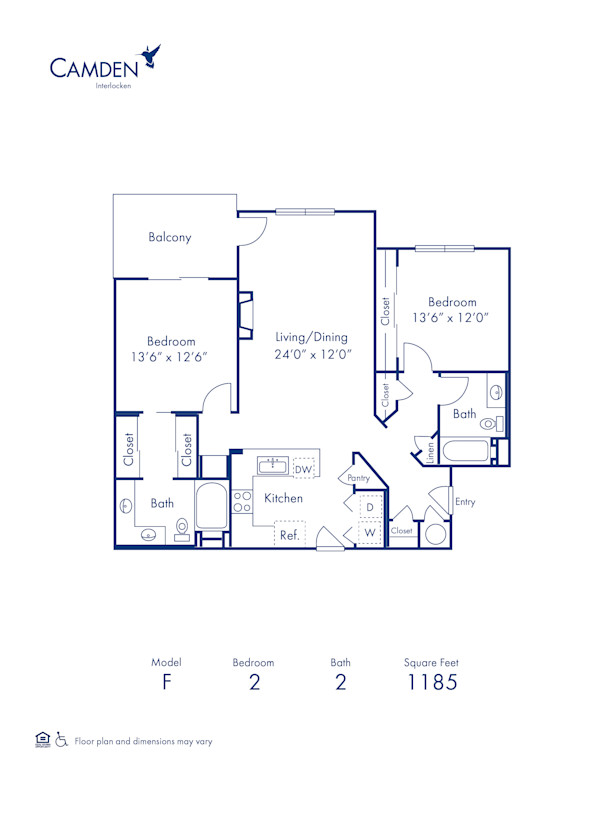Blueprint of F Floor Plan, 2 Bedrooms and 2 Bathrooms at Camden Interlocken Apartments in Broomfield, CO