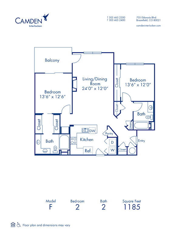 Blueprint of F Floor Plan, 2 Bedrooms and 2 Bathrooms at Camden Interlocken Apartments in Broomfield, CO