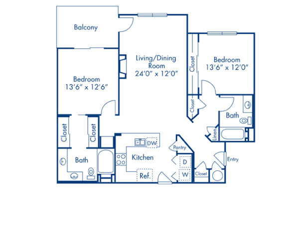 Blueprint of F Floor Plan, 2 Bedrooms and 2 Bathrooms at Camden Interlocken Apartments in Broomfield, CO
