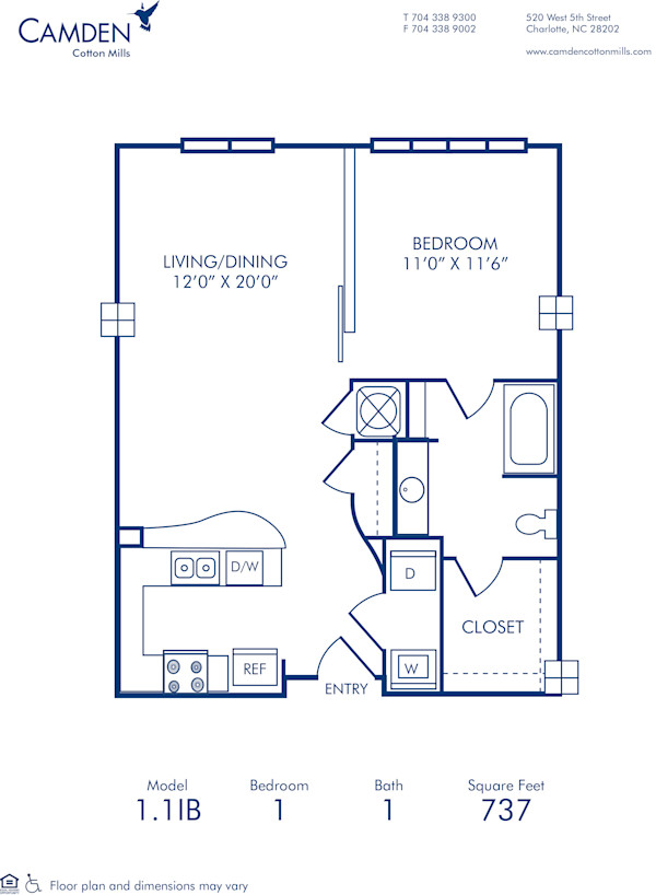 Blueprint of 1.1IB Floor Plan, 1 Bedroom and 1 Bathroom at Camden Cotton Mills Apartments in Charlotte, NC