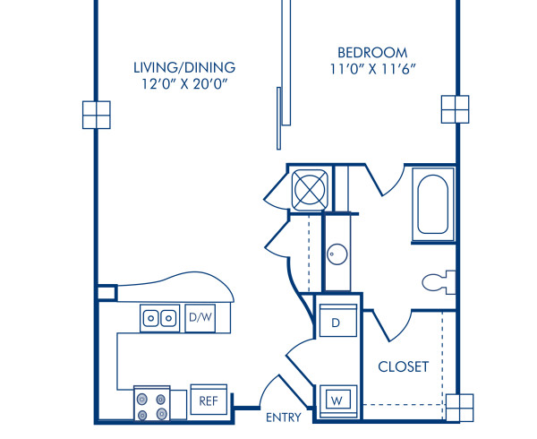 Blueprint of 1.1IB Floor Plan, 1 Bedroom and 1 Bathroom at Camden Cotton Mills Apartments in Charlotte, NC